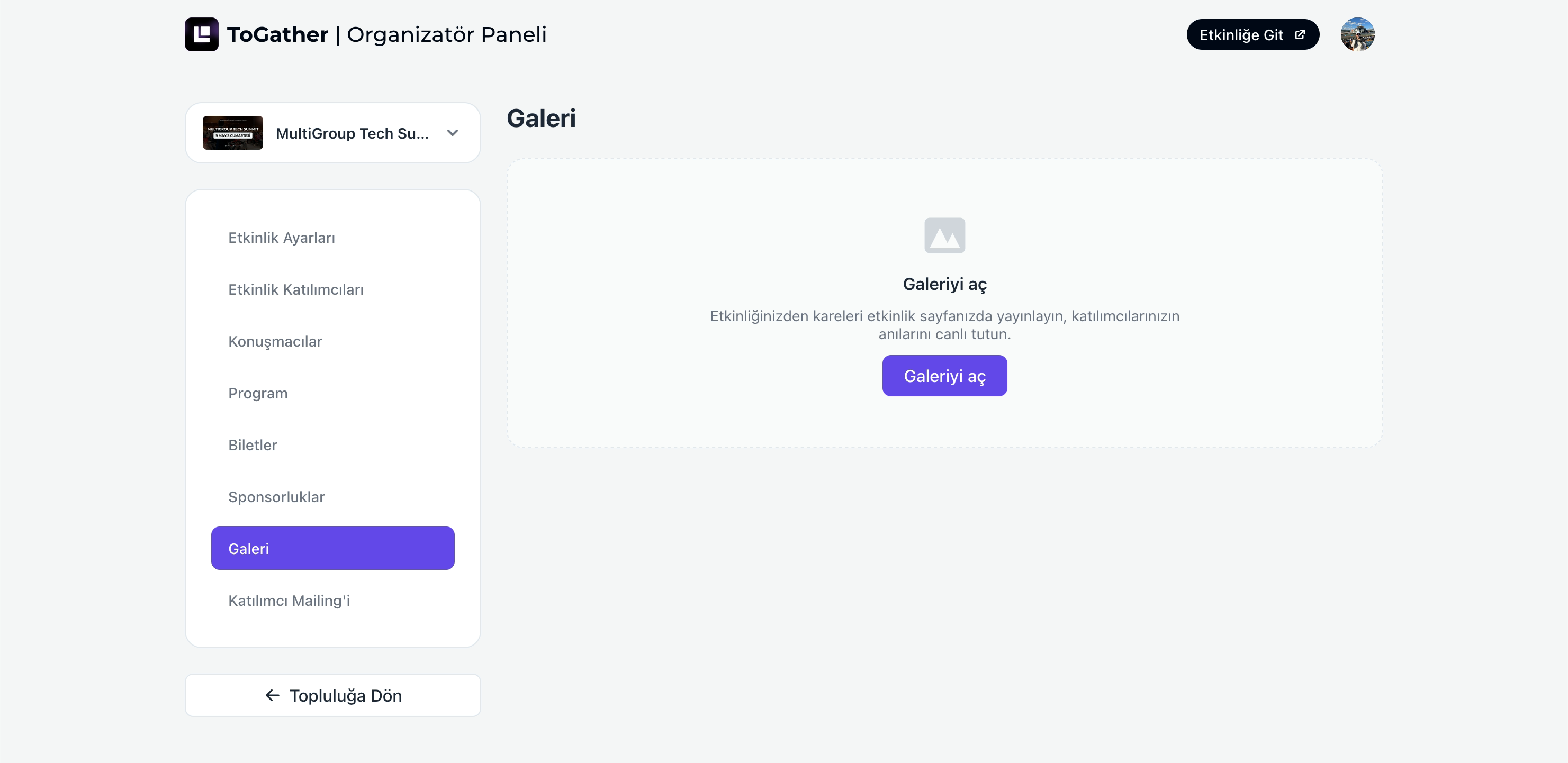 Gallery upload inside the event admin panel