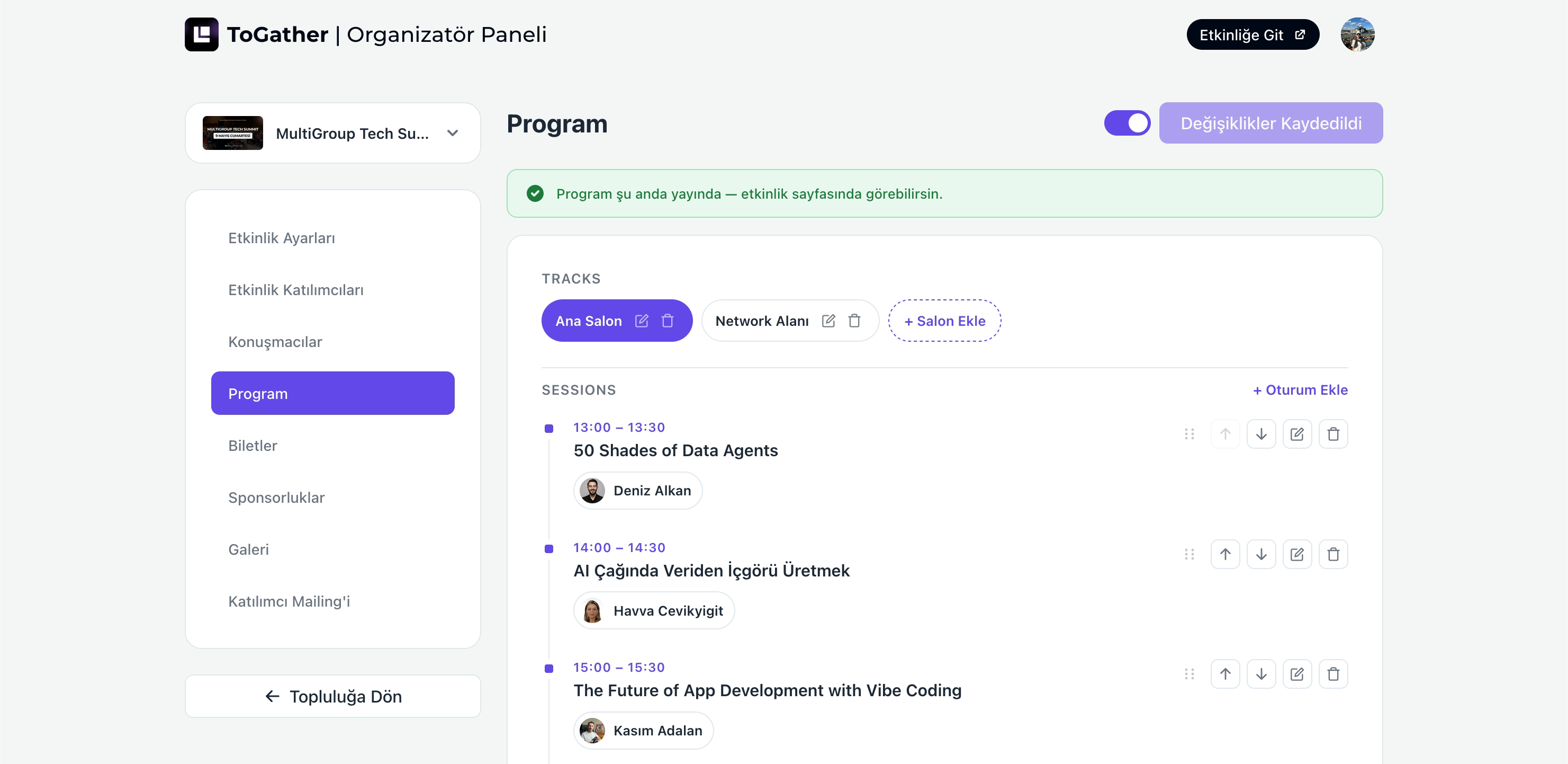 Schedule management inside the event admin panel