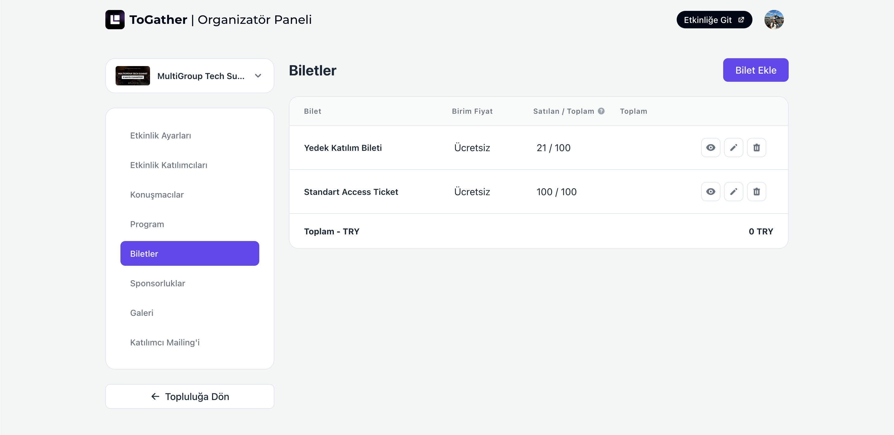 Ticket configuration inside the event admin panel