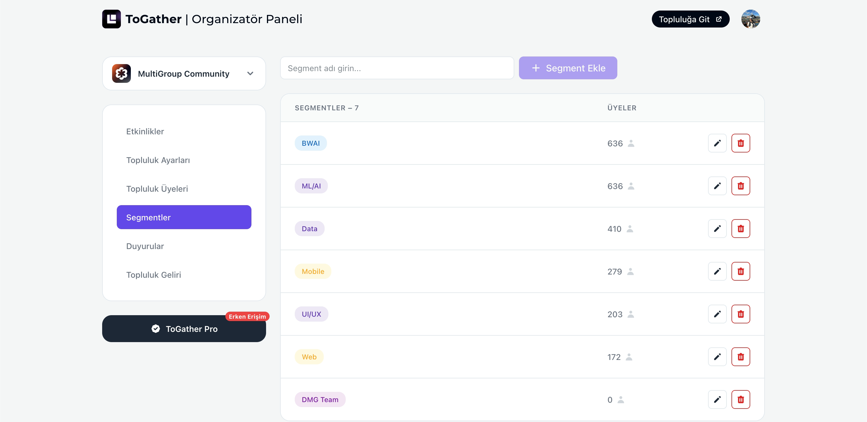 Segment management inside the organizer panel