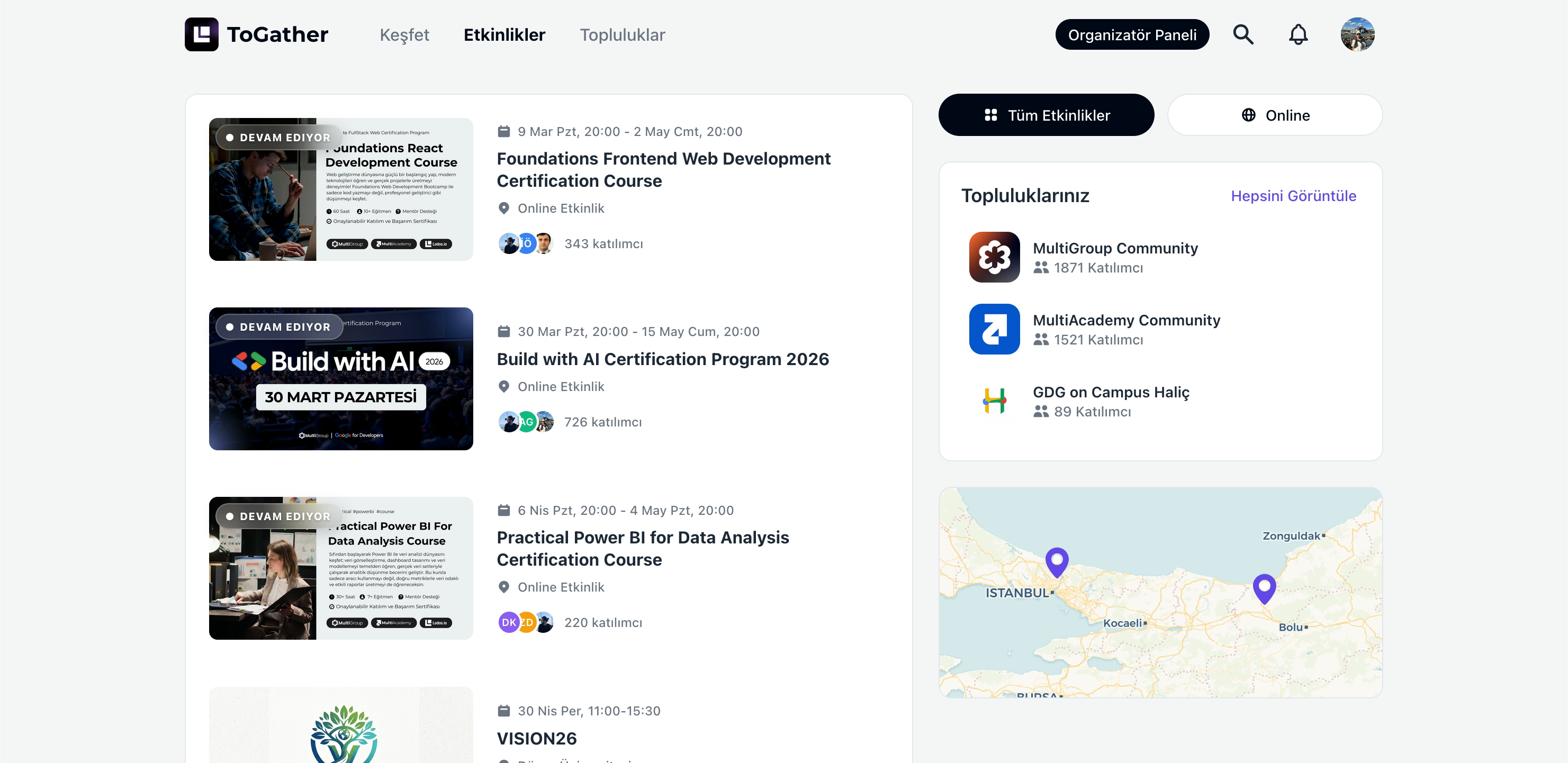 The events discovery feed on ToGather
