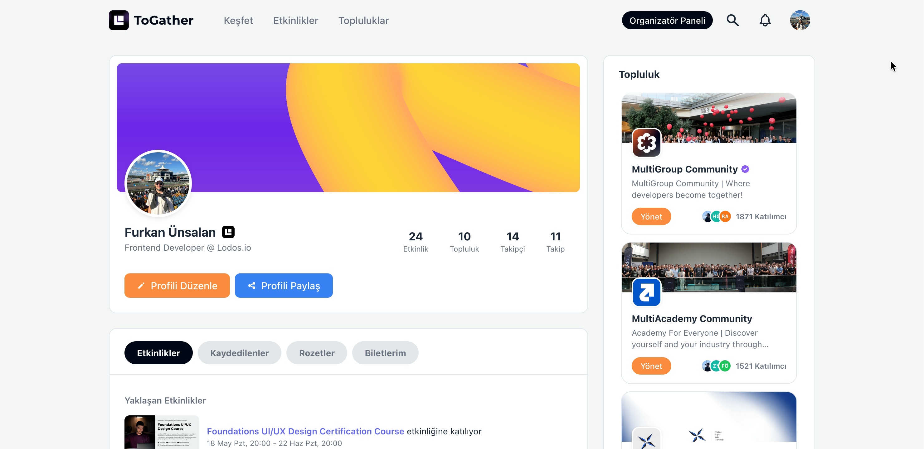 A public profile page on ToGather